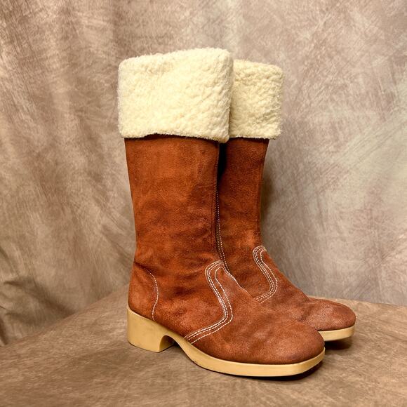 Not Listed Shoes - Vintage 60s Suede Leather Sherpa Lined Boots Calf High Lug Sole Tread Women's 4M